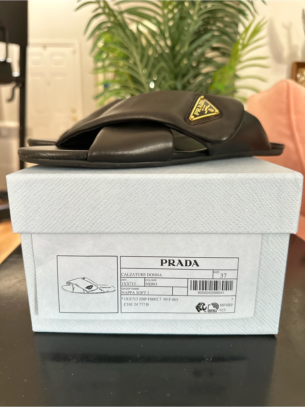 Prada Black Napa Leather Crisscross Logo Slide Sandals - Size 37 (6.5, 7) - Picture 6 of 11